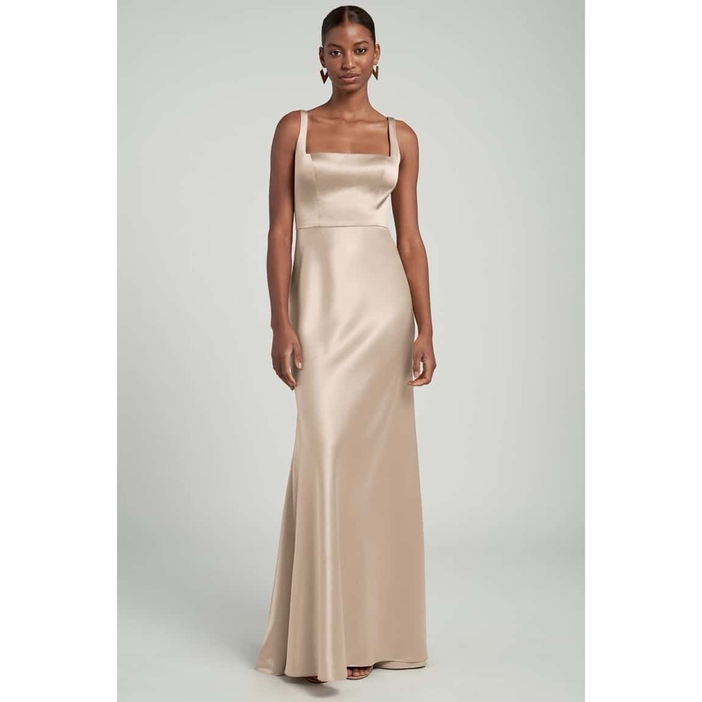Jenny Yoo Ariana Satin Column Gown in Pale Gold
